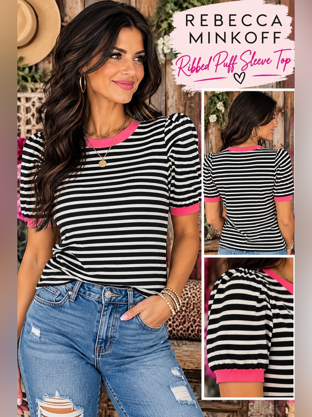Rebecca Minkoff Black & White Striped Puff Sleeve Top with Pink Trim